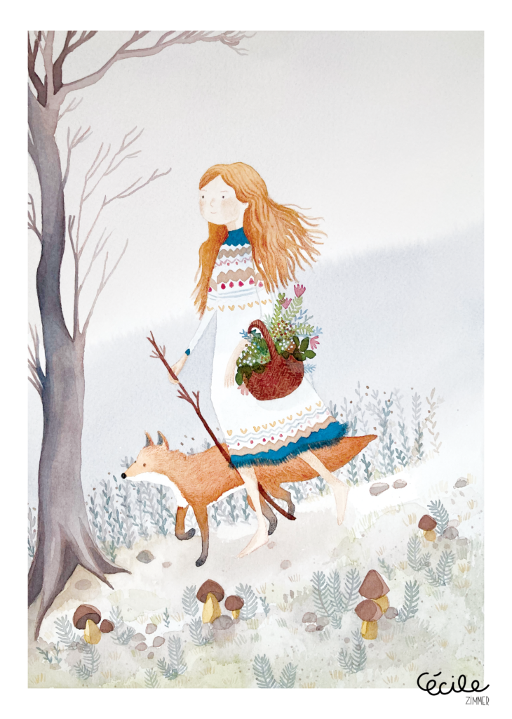 aquarelle fille renard hiver illustration jeunesse