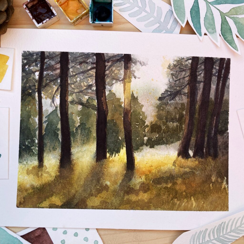 aquarelle forêt soleil sous bois trans d'arbre