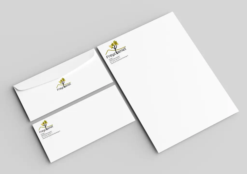 mock up courrier enveloppe et carte de visite logo Freychenet